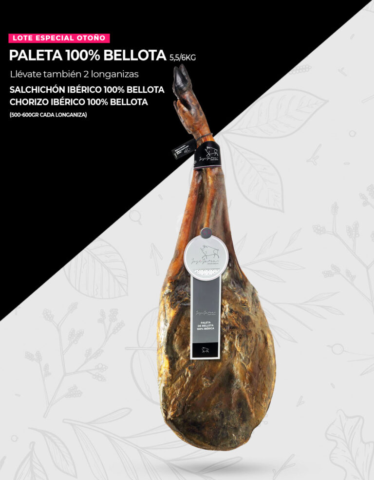 Paleta de Bellota 100% Ibérica 5,5/6Kg + Lote otoño: Longanizas de Chorizo y Salchichón iberico de Bellota 500/600gr