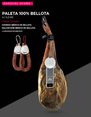Paleta de Bellota 100% ibérica especial del mes José Jara junto a 2 longanizas Chorizo ibérico de Bellota y Salchichón ibérico de Bellota