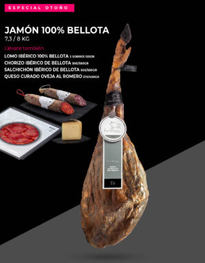 Jamón 100% Bellota especial del mes José Jara junto a Lomo ibérico de Bellota, Chorizo, Salchichón y Queso Curado de Oveja al Romero