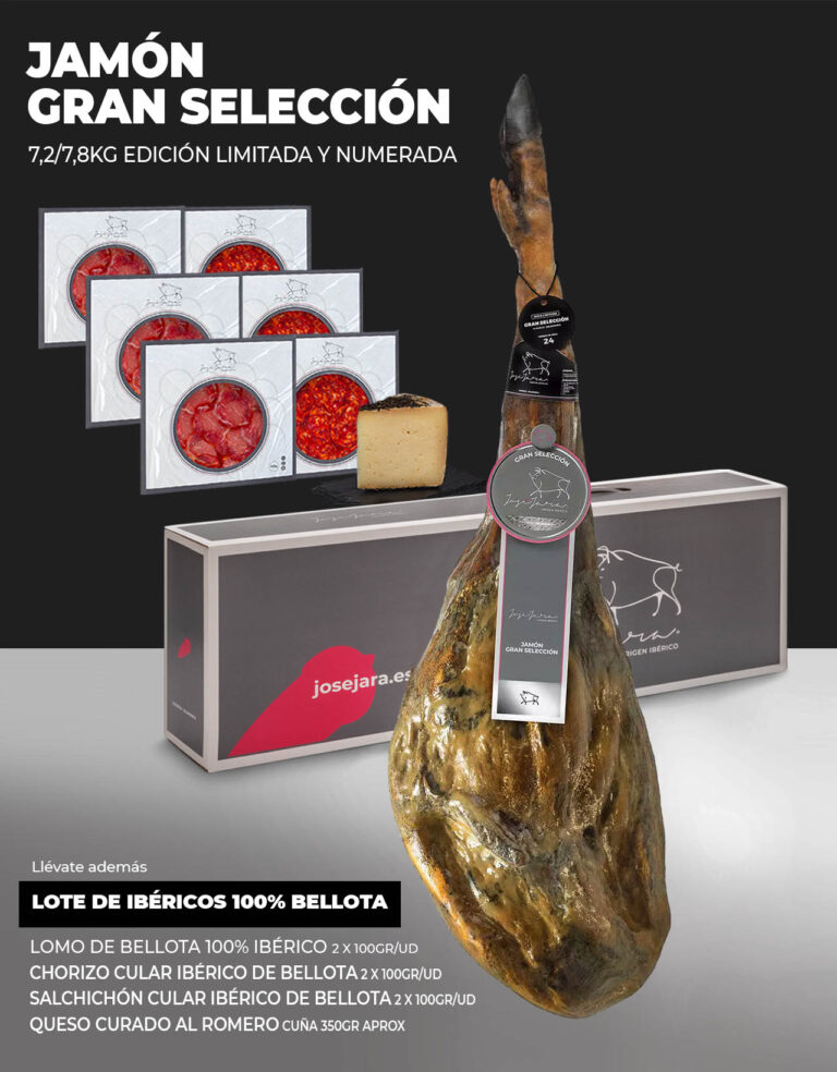 Jamón Premium Gran Selección 7,2 / 7,8 kg + Lote especial: 2 Sobres de Lomo ibérico de Bellota, 2 de Chorizo 100% Bellota, 2 de Salchichón 100% Bellota y cuña de Queso curado