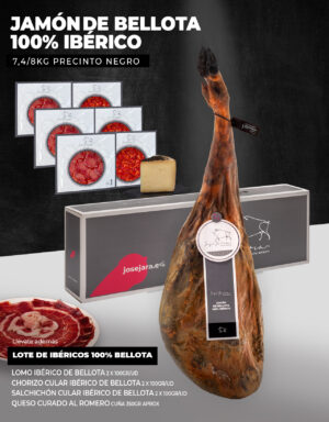 Jamón de Bellota 100% ibérico 7,4 / 8kg + Lote especial: 2 Sobres de Lomo ibérico de Bellota, 2 de Chorizo 100% Bellota, 2 de Salchichón 100% Bellota y cuña de Queso curado Jamón y selección de embutidos ibéricos 100% Bellota: Lomo, chorizo y salchichón y cuña de queso curado de Oveja al Romero