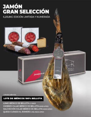 Jamón Premium Gran Selección 6,2 / 6,8 kg + Lote especial: 2 Sobres de Lomo ibérico de Bellota, Chorizo 100% Bellota media pieza, Salchichón 100% Bellota media pieza y cuña de Queso curado Jamón y selección de embutidos ibéricos 100% Bellota: Lomo, chorizo y salchichón y cuña de queso curado de Oveja al Romero