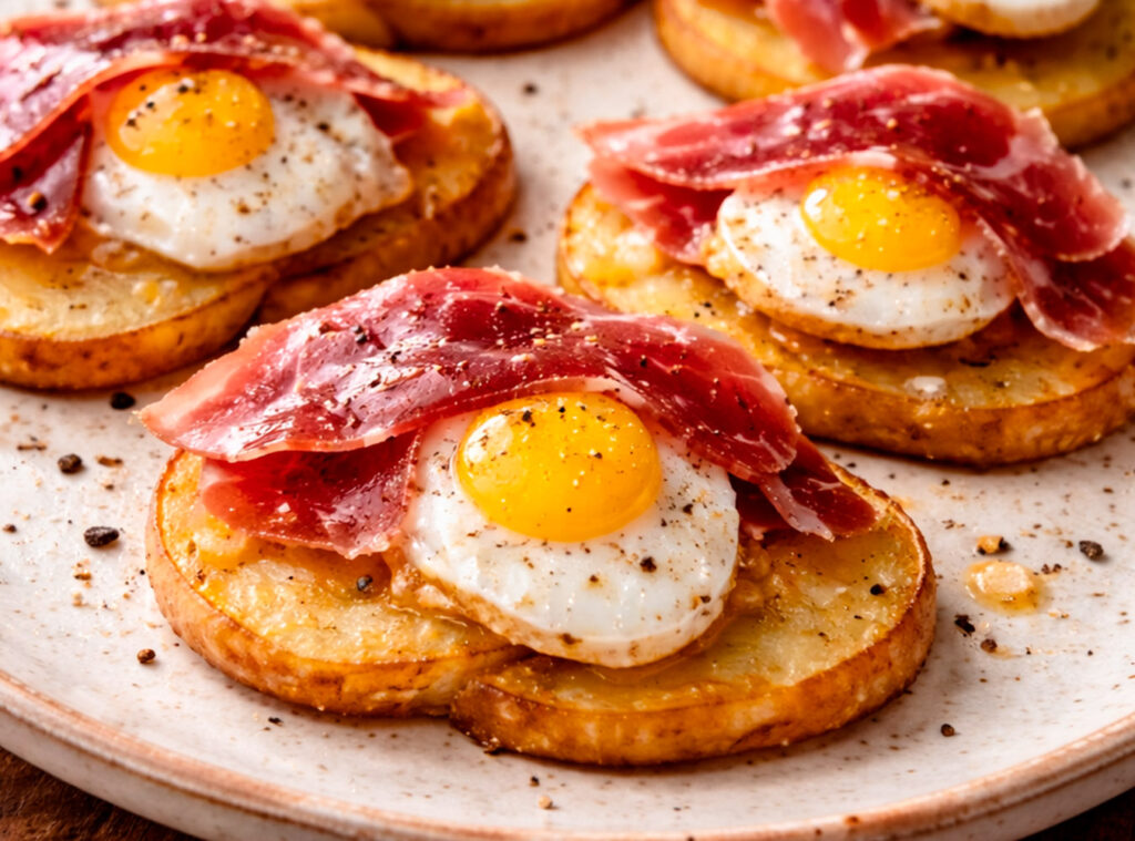Huevos de codorniz con jamón ibérico sobre patata panadera