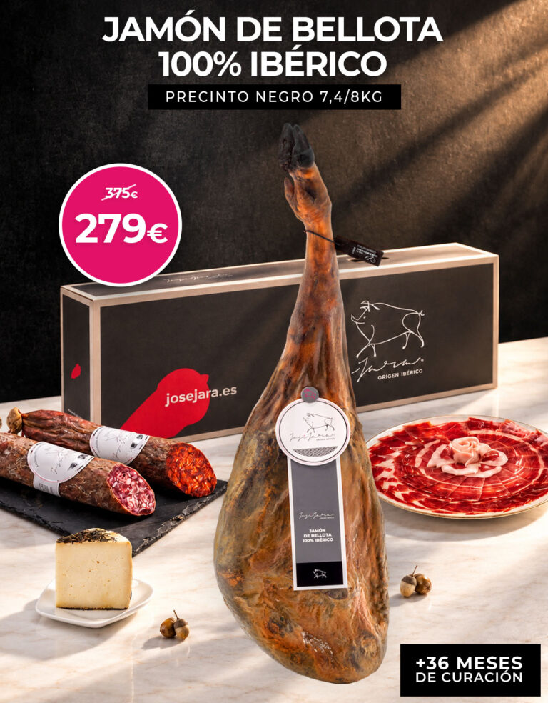 Jamón de Bellota 100% ibérico 7,4 / 8kg + Lote especial: Media pieza de Chorizo 100% Bellota, media pieza de Salchichón 100% Bellota y cuña de Queso curado