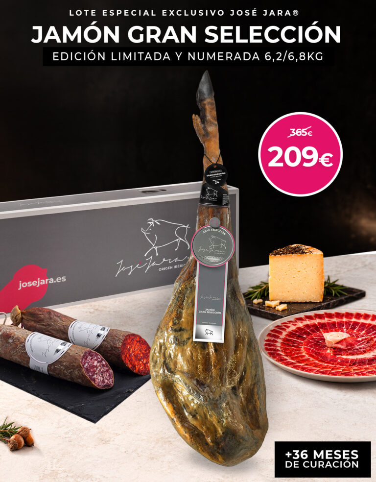 Jamón Premium Gran Selección 6,2 / 6,8 kg + Lote especial: Chorizo 100% Bellota media pieza, Salchichón 100% Bellota media pieza y cuña de Queso curado Jamón y selección de embutidos ibéricos 100% Bellota: Lomo, chorizo y salchichón y cuña de queso curado de Oveja al Romero