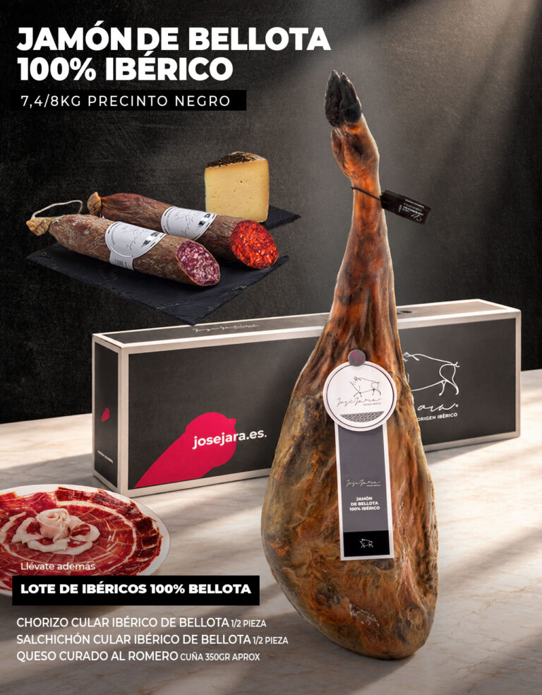 Jamón de Bellota 100% ibérico 7,4 / 8kg + Lote especial: 2 Sobres de Lomo ibérico de Bellota, 2 de Chorizo 100% Bellota, 2 de Salchichón 100% Bellota y cuña de Queso curado Jamón y selección de embutidos ibéricos 100% Bellota: Chorizo y salchichón y cuña de queso curado de Oveja al Romero
