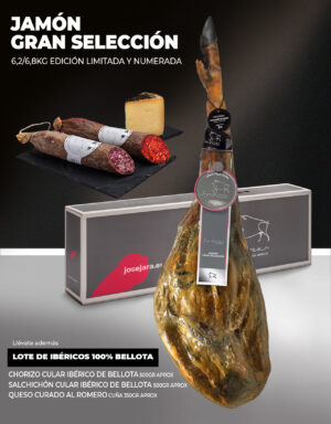 Jamón Premium Gran Selección 6,2 / 6,8 kg + Lote especial: 2 Sobres de Lomo ibérico de Bellota, Chorizo 100% Bellota media pieza, Salchichón 100% Bellota media pieza y cuña de Queso curado Jamón y selección de embutidos ibéricos 100% Bellota: chorizo y salchichón y cuña de queso curado de Oveja al Romero